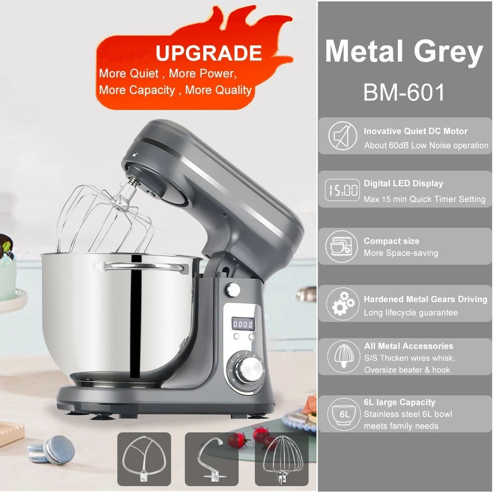 BioloMix BM601 1200W Kitchen Food Stand Mixer, Cream Egg Whisk, Cake Dough Kneader, 6L Capacity, Stainless Steel Bowl, 6-Speed, LED Display - Grey 4 BioloMix BM601 1200W Kitchen Food Stand Mixer, Cream Egg Whisk, Cake Dough Kneader, 6L Capacity, Stainless Steel Bowl, 6-Speed, LED Display - Grey - Image 2
