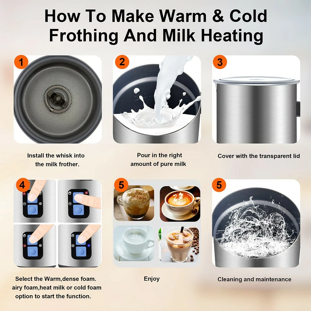 BioloMix MF600 4 In 1 500W Hot Cold Milk Frother, Coffee Frothing Foamer, Automatic Milk Warmer 7 BioloMix MF600 4 In 1 500W Hot Cold Milk Frother, Coffee Frothing Foamer, Automatic Milk Warmer - Image 5