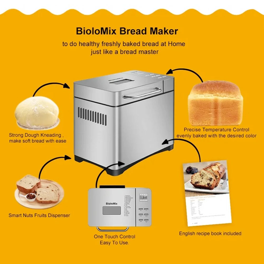 Biolomix BBM013 Stainless Steel 19 In 1 Automatic Bread Maker, 1KG Capacity, 650W Programmable Bread Machine, 3 Loaf Sizes, Fruit Nut Dispenser 6 Biolomix BBM013 Stainless Steel 19 In 1 Automatic Bread Maker, 1KG Capacity, 650W Programmable Bread Machine, 3 Loaf Sizes, Fruit Nut Dispenser - Image 4