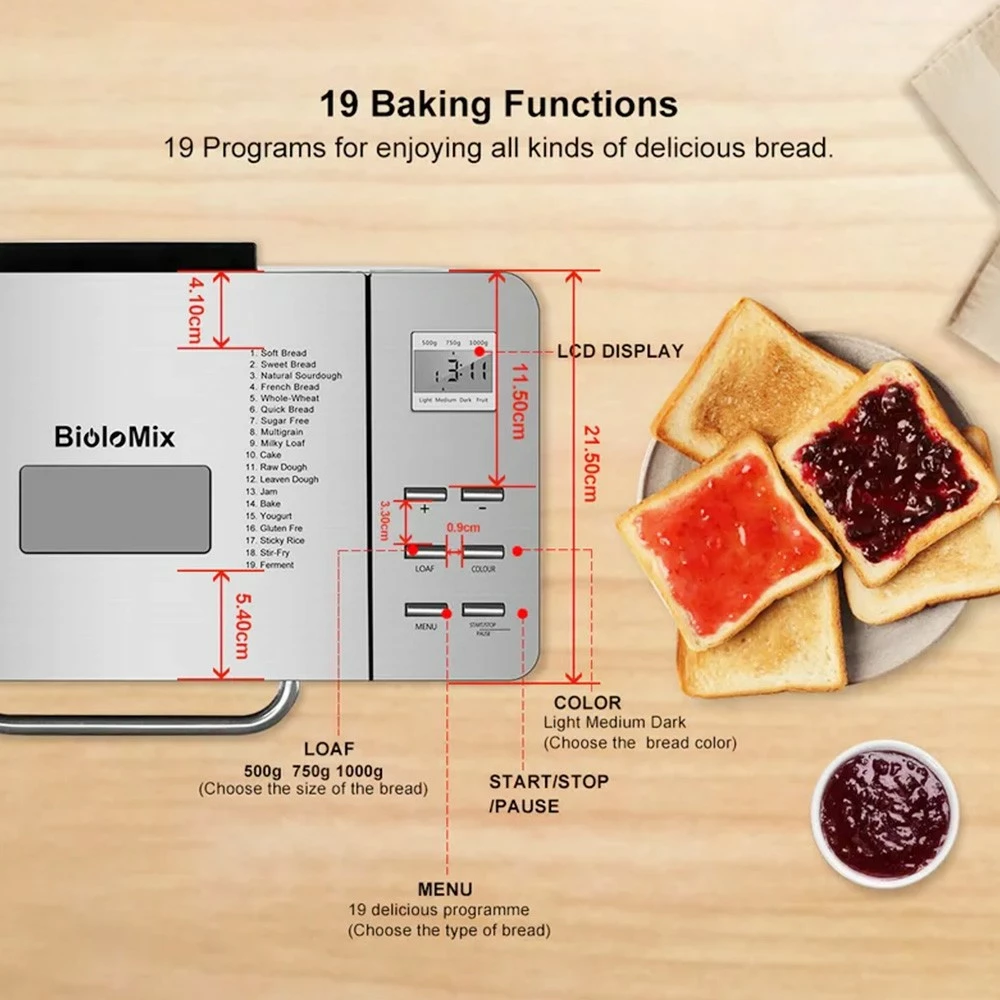 Biolomix BBM013 Stainless Steel 19 In 1 Automatic Bread Maker, 1KG Capacity, 650W Programmable Bread Machine, 3 Loaf Sizes, Fruit Nut Dispenser 7 Biolomix BBM013 Stainless Steel 19 In 1 Automatic Bread Maker, 1KG Capacity, 650W Programmable Bread Machine, 3 Loaf Sizes, Fruit Nut Dispenser - Image 5
