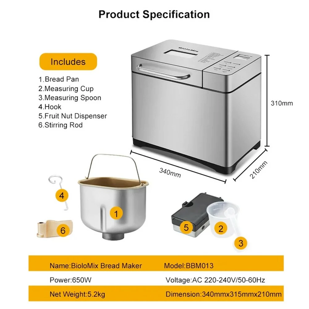 Biolomix BBM013 Stainless Steel 19 In 1 Automatic Bread Maker, 1KG Capacity, 650W Programmable Bread Machine, 3 Loaf Sizes, Fruit Nut Dispenser 8 Biolomix BBM013 Stainless Steel 19 In 1 Automatic Bread Maker, 1KG Capacity, 650W Programmable Bread Machine, 3 Loaf Sizes, Fruit Nut Dispenser - Image 6