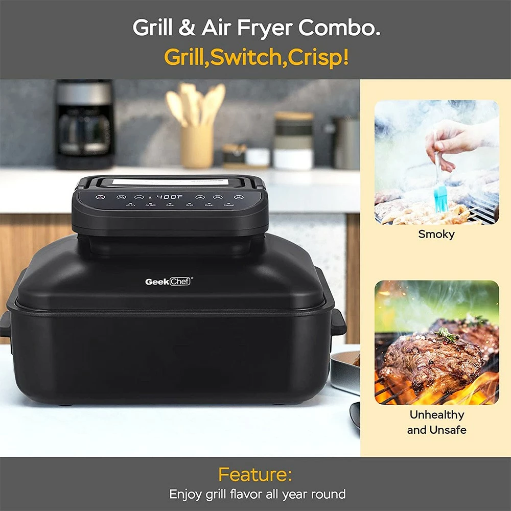 Geek Chef GFG06 7 In 1 Air Fryer Electric Indoor Grill Combo, 1500W Power, 6QT Capacity, Preset Function, Removable Non-Stick Plate, 60min Timer 4 Geek Chef GFG06 7 In 1 Air Fryer Electric Indoor Grill Combo, 1500W Power, 6QT Capacity, Preset Function, Removable Non-Stick Plate, 60min Timer - Image 2