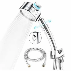 High-Pressure Chrome Plated Handheld Shower Head Kit, 3 Levels, 1.5m Hose, Water Saving 360 Degree Adjustable, Stop Switch Button